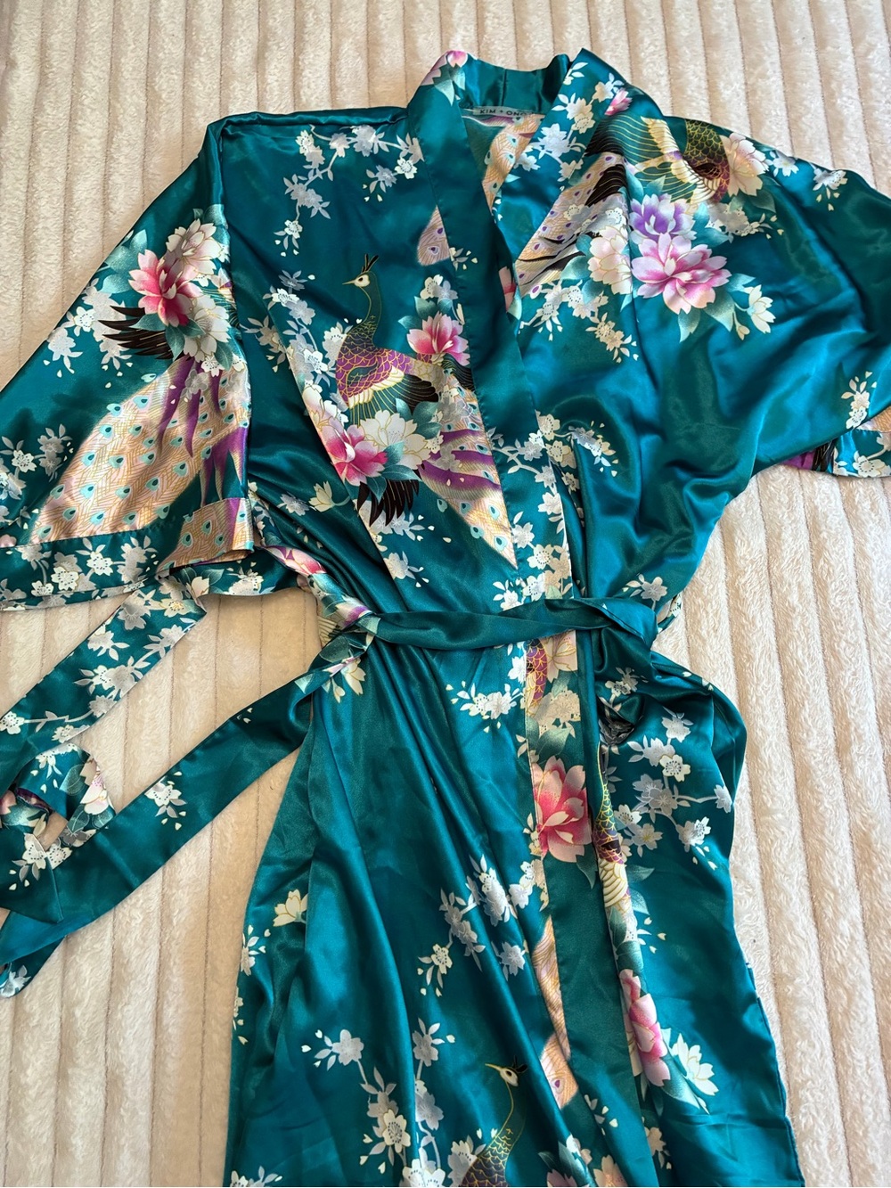 Kim + Ono Satin collection  Robe One Size | Teal Peacock Print with Pockets 🦚